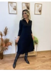 bysoca Kadın Uzun Kollu Polo Yaka Beli Oturtmalı Kloş Etek İki İplik Viskon Midi Boy Elbise - Siyah