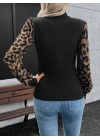 Kadın Uzun Kollu Yarı Balıkçı Yaka Leopar Detaylı Kaşkorse Bluz