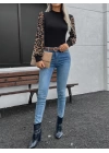 Kadın Uzun Kollu Yarı Balıkçı Yaka Leopar Detaylı Kaşkorse Bluz
