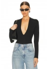 bysoca Kadın Siyah Derin V Yaka Uzun Kol Vücudu Saran Jarse Tanga Basic Bodysuit