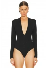 bysoca Kadın Siyah Derin V Yaka Uzun Kol Vücudu Saran Jarse Tanga Basic Bodysuit
