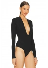 bysoca Kadın Siyah Derin V Yaka Uzun Kol Vücudu Saran Jarse Tanga Basic Bodysuit