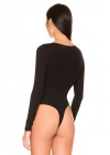 bysoca Kadın Siyah Geniş U Yaka Uzun Kollu Vücudu Saran İpek Jarse Tanga Basic Bodysuit