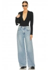 bysoca Kadın Siyah Derin V Yaka Uzun Kol Vücudu Saran Jarse Tanga Basic Bodysuit