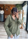 Kadın Yeşil Kapüşonlu Renkli Yıldız Nakışlı Uzun Kollu Cepli Büzgülü Pamuk Keten Gömlek Ceket