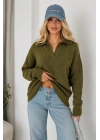 Kadın Yeşil Pamuklu Polo Yaka Oversize Triko Kazak