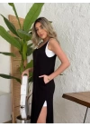 Kadın Yırtmaç Detaylı Viskon Kumaş Maxi Boy Cepli Iç Dahil Ikili Elbise