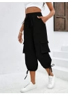 Kadın Yüksek Bel Beli Lastikli Bağcıklı Cepli Kargo Viskon Iki Iplik Pantolon