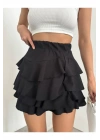 Kadın Siyah Yüksek Bel Beli Lastikli V Kesim Kat Kat Fırfırlı Dokulu Mini Kısa Etek