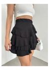 Kadın Siyah Yüksek Bel Beli Lastikli V Kesim Kat Kat Fırfırlı Dokulu Mini Kısa Etek
