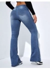 Kadın Yüksek Bel Cepli İspanyol Paçalı Kot Jeans Pantolon