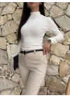 Kadın Yüksek Bel Dar Paça Kemer Dahil Kumaş Pantolon