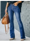 Kadın Yüksek Bel önden Düğmeli Cep Detay Ispanyol Paça Denim Pantolon