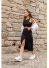 Kadın Yüksek Bel önden Yırtmaçlı Cepli Midi Kot Etek