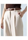 Kadın Krem Yüksek Bel Pileli Straight Kemerli Bilek Boy Havuç Kesim Kumaş Pantolon