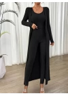 Kadın Yuvarlak Yaka Askılı Krop Bluz Yüksek Bel Tayt Ve Uzun Hırka şardonlu Kaşkorse üçlü Takım
