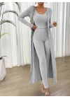 Kadın Yuvarlak Yaka Askılı Krop Bluz Yüksek Bel Tayt Ve Uzun Hırka şardonlu Kaşkorse üçlü Takım
