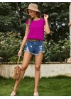 Kadın Yuvarlak Yaka Kolları Fırfırlı Krep Bluz
