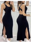 Kadın Yuvarlak Yaka Sırttan çapraz şerit Love Detaylı Yırtmaçlı Viskon Elbise
