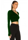 Kadın Zümrüt Yeşili Uzun Kol Ipek Jarse Crop Top