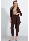 Kahverengi Oversize Keten Alt Üst Takım 6622