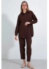 Kahverengi Oversize Keten Alt Üst Takım 6622