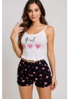 Kalp Desenli Askılı Şortlu Pijama Takımı