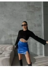KAPİTONE DERİ ETEK YIRTMAÇLI - Saks