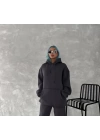 Kapşonlu Üç İplik Penye Basic SweatShirt - Füme