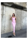 bysoca Kadın Pembe Kare Yaka Askılı Korsaj Detaylı Vücudu Saran Midi Boy Bodycon Elbise