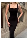 bysoca Kadın Siyah Kare Yaka Askılı Korsaj Detaylı Vücudu Saran Midi Boy Bodycon Elbise