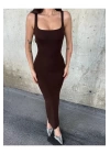 bysoca Kadın Kahverengi Kare Yaka Askılı Korsaj Detaylı Vücudu Saran Midi Boy Bodycon Elbise