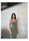 bysoca Kadın Yeşil Kare Yaka Askılı Korsaj Detaylı Vücudu Saran Midi Boy Bodycon Elbise