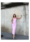 bysoca Kadın Pembe Kare Yaka Askılı Korsaj Detaylı Vücudu Saran Midi Boy Bodycon Elbise