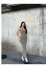 bysoca Kadın Yeşil Kare Yaka Askılı Korsaj Detaylı Vücudu Saran Midi Boy Bodycon Elbise