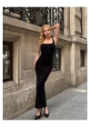bysoca Kadın Siyah Kare Yaka Askılı Korsaj Detaylı Vücudu Saran Midi Boy Bodycon Elbise