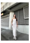 bysoca Kadın Ekru Kare Yaka Askılı Korsaj Detaylı Vücudu Saran Midi Boy Bodycon Elbise