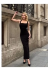 bysoca Kadın Siyah Kare Yaka Askılı Korsaj Detaylı Vücudu Saran Midi Boy Bodycon Elbise