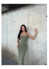 bysoca Kadın Yeşil Kare Yaka Askılı Korsaj Detaylı Vücudu Saran Midi Boy Bodycon Elbise