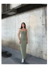 bysoca Kadın Yeşil Kare Yaka Askılı Korsaj Detaylı Vücudu Saran Midi Boy Bodycon Elbise