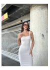 bysoca Kadın Ekru Kare Yaka Askılı Korsaj Detaylı Vücudu Saran Midi Boy Bodycon Elbise
