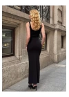 bysoca Kadın Siyah Kare Yaka Askılı Korsaj Detaylı Vücudu Saran Midi Boy Bodycon Elbise