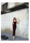 bysoca Kadın Kahverengi Kare Yaka Askılı Korsaj Detaylı Vücudu Saran Midi Boy Bodycon Elbise