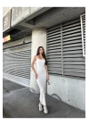 bysoca Kadın Ekru Kare Yaka Askılı Korsaj Detaylı Vücudu Saran Midi Boy Bodycon Elbise