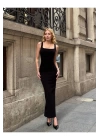 bysoca Kadın Siyah Kare Yaka Askılı Korsaj Detaylı Vücudu Saran Midi Boy Bodycon Elbise