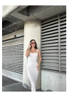 bysoca Kadın Ekru Kare Yaka Askılı Korsaj Detaylı Vücudu Saran Midi Boy Bodycon Elbise