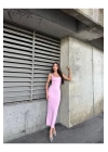 bysoca Kadın Pembe Kare Yaka Askılı Korsaj Detaylı Vücudu Saran Midi Boy Bodycon Elbise