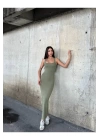 bysoca Kadın Yeşil Kare Yaka Askılı Korsaj Detaylı Vücudu Saran Midi Boy Bodycon Elbise