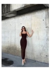bysoca Kadın Kahverengi Kare Yaka Askılı Korsaj Detaylı Vücudu Saran Midi Boy Bodycon Elbise