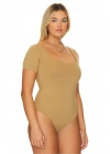 bysoca Kadın Bej Kare Yaka Kısa Kol Vücudu Saran Basic Bodysuit